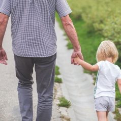 Dad and kid walking and holding hands
